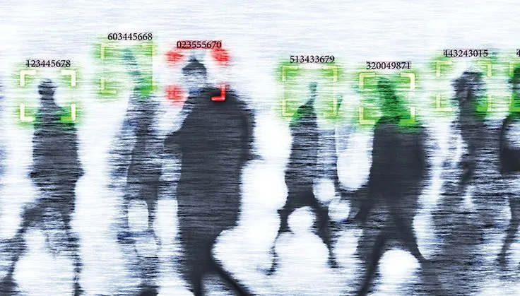 A blurred crowd, each figure tracked by a recognition bracket and ID number